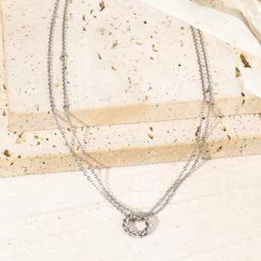 Wholesaler Eclat Paris - Double silver chain necklace connected by a wavy ring