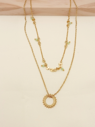 Wholesaler Eclat Paris - Double golden chain necklace with sun pendant and sea green crystals
