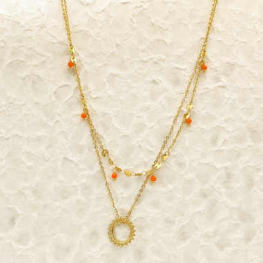 Wholesaler Eclat Paris - Double golden chain necklace with sun pendant and orange stone