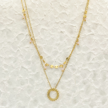 Wholesaler Eclat Paris - Double gold chain necklace with sun pendant and pink stone