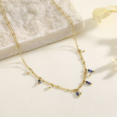Grossiste Eclat Paris - Collier double chaîne dorée avec pendentifs de pierres bleues et perles
