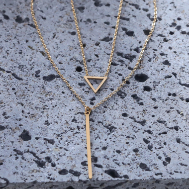 Wholesaler Eclat Paris - Double golden chain necklace with triangle and bar