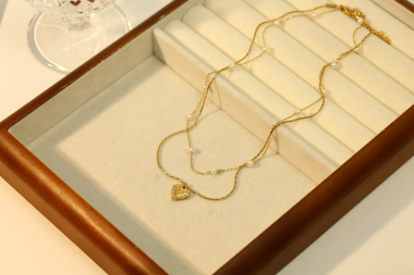 Wholesaler Eclat Paris - Double Golden Chain Necklace with Pearls and Heart Pendant