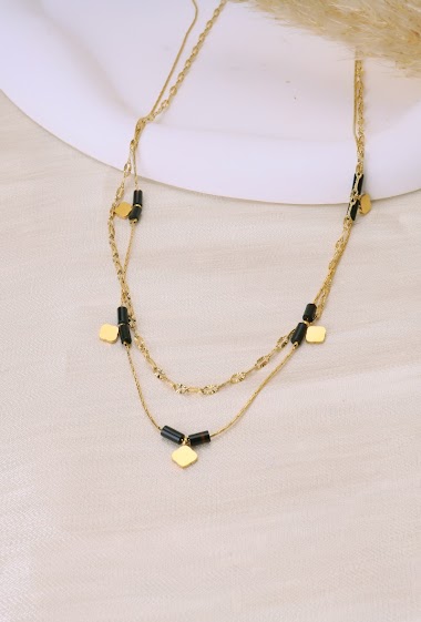 Großhändler Eclat Paris - Doppelreihige Halskette mit schwarzen Steinen und Diamantanhängern