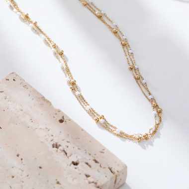 Wholesaler Eclat Paris - Gold multi chain necklace with pearls and balls