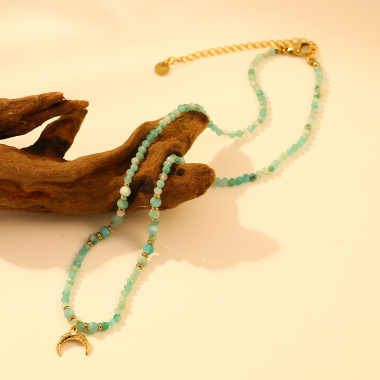 Wholesaler Eclat Paris - Choker necklace in blue natural stones (amazonite) with moon pendant