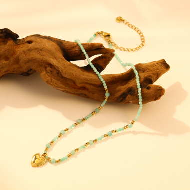 Wholesaler Eclat Paris - Choker necklace in blue natural stones (amazonite) with moon pendant