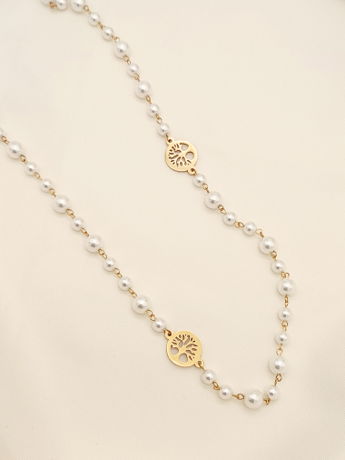Wholesaler Eclat Paris - Long golden necklace with pearls and tree of life
