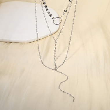 Wholesaler Eclat Paris - Triple silver Y chain necklace connected by a chain in the center