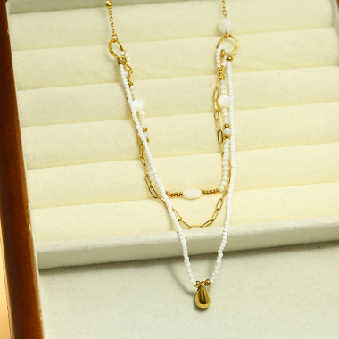 Wholesaler Eclat Paris - Triple Golden Chain Necklace with White Stone and Drop Pendant