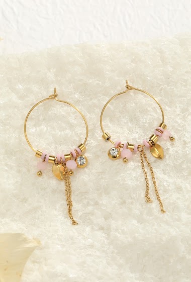 Grossiste Eclat Paris - Créoles avec chaînes pendantes et pierres roses