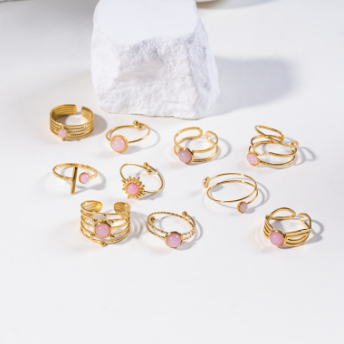Mayorista Eclat Paris - Set de 10 anillos con piedras rosas