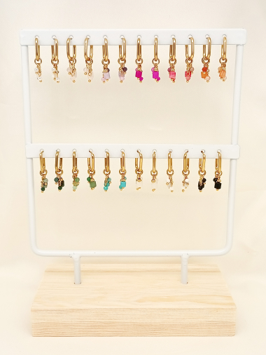 Wholesaler Eclat Paris - Set of 12 pairs of rectangle hoop earrings with natural stones