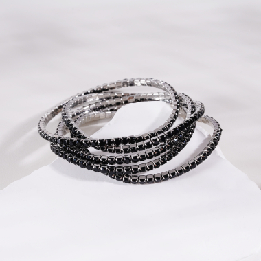 Wholesaler Eclat Paris - Set of 5 silver elastic bracelets with black rhinestones