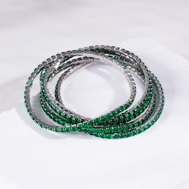 Großhändler Eclat Paris - Set aus 5 silbernen elastischen Armbändern mit grünen Strasssteinen