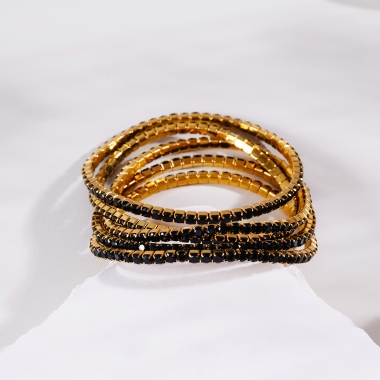 Großhändler Eclat Paris - Set aus 5 goldenen elastischen Armbändern mit schwarzen Strasssteinen