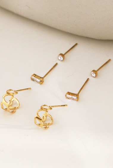 Wholesaler Eclat Paris - Triple pair of heart and rhinestone hoop earrings