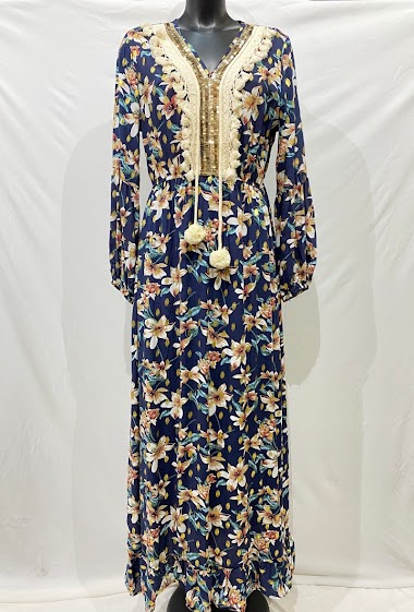 Grossiste M&D FASHION - Robe longue à pompons et imprimés dorés