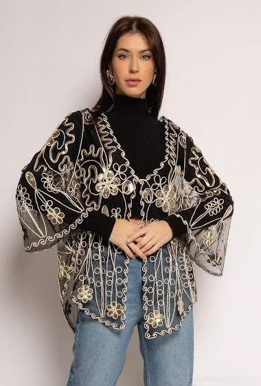 Grossiste Melena Diffusion - Kimono transparent à broderie et sequins
