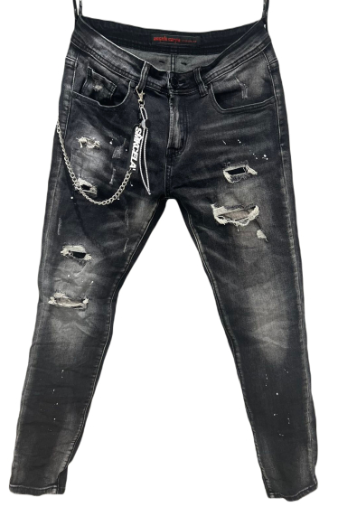 Wholesaler Mentex Homme - Men's gray faded ripped effect jeans with chain