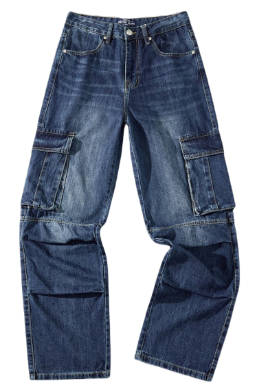 Grossiste Mentex Homme - Jeans bleu large coupe droite coton effet délavé