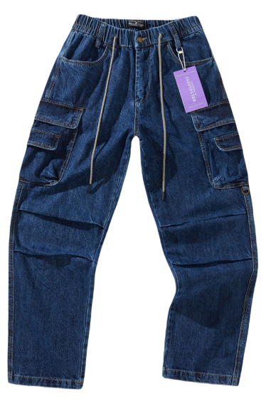Grossiste Mentex Homme - Jeans cargo bleu large coupe droite coton style jogging