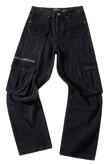 Grossiste Mentex Homme - Jeans cargo noir large coton coupe droite avec poches