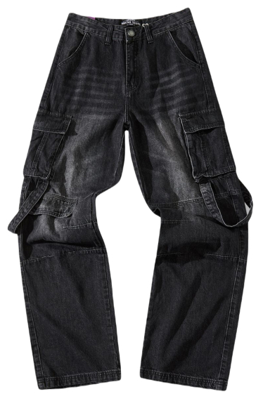 Grossiste Mentex Homme - Jeans cargo noir large coupe droite coton effet délavé