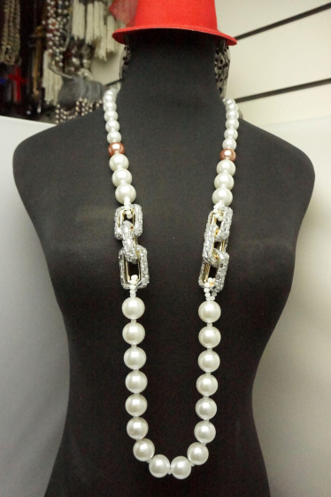 Wholesaler MET-MOI - Pearl long necklace with rhinestone chain motif