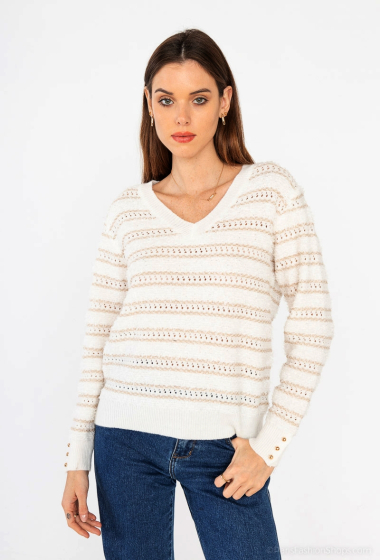 Wholesaler M&G Monogram - Fringed V-neck sweater with lurex stripes and buttons on the cuffs