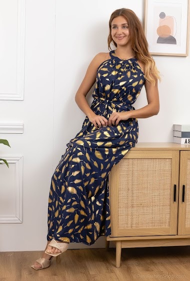 Wholesaler MISS SARA - Gold feather print belted dress