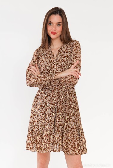 Wholesaler MISS SARA - Short dress with long sleeves lined, printed flowers and golden spots