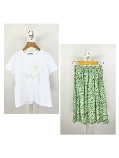 Großhändler Mini Mignon Paris - Set aus Baumwoll-T-Shirt und Blumenrock für Mädchen