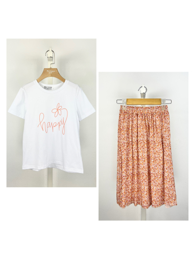 Grossiste Mini Mignon Paris - Ensembe t-shirt en coton et jupe fleurie mi-longue pour fille