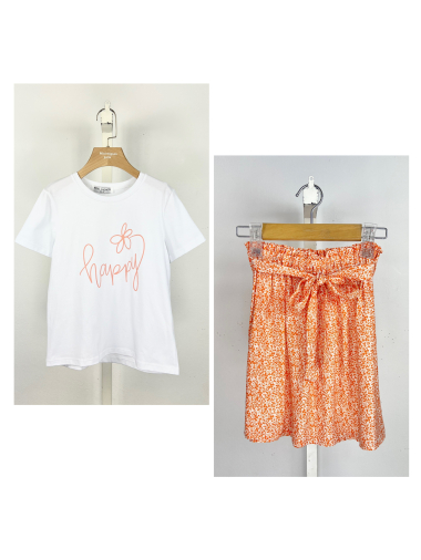 Grossiste Mini Mignon Paris - Ensemble t-shirt en coton et jupe fleurie courte pour fille