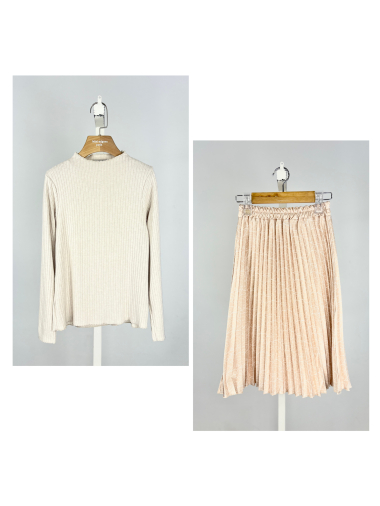 Wholesaler Mini Mignon Paris - Girls' Soft Ribbed Sweater and Printed Satin Skirt Set