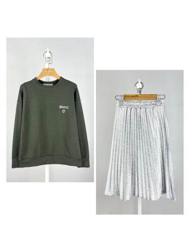 Wholesaler Mini Mignon Paris - Embroidered cotton sweatshirt and satin skirt set for girls