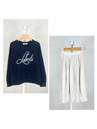 Wholesaler Mini Mignon Paris - Cotton sweatshirt and pleated skirt set for girls