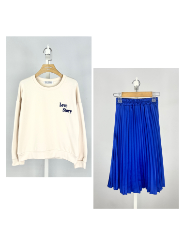 Wholesaler Mini Mignon Paris - Embroidered cotton fleece sweatshirt and satin skirt set for girls