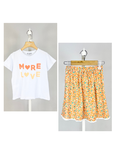 Großhändler Mini Mignon Paris - Set aus Baumwoll-T-Shirt und Blumenrock für Mädchen