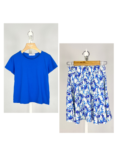 Grossiste Mini Mignon Paris - Ensemble t-shirt en coton et jupe fleurie tropicale pour fille