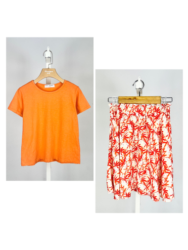 Großhändler Mini Mignon Paris - Set aus Baumwoll-T-Shirt und tropischem Blumenrock für Mädchen