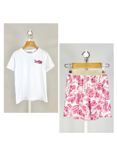 Großhändler Mini Mignon Paris - Set aus Baumwoll-T-Shirt und bedruckten Shorts für Mädchen