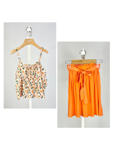 Wholesaler Mini Mignon Paris - Girls' floral strap top and plain skirt set