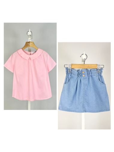 Wholesaler Mini Mignon Paris - Peter Pan collar top and cotton skirt set for girls