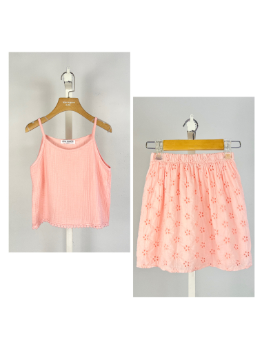 Wholesaler Mini Mignon Paris - Cotton gauze top and English embroidery skirt set for girls