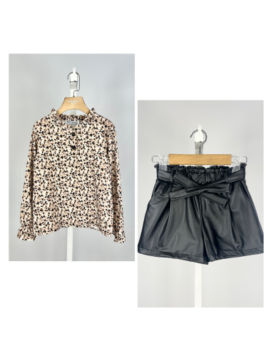 Wholesaler Mini Mignon Paris - Liberty floral top and lined faux leather shorts set for girls