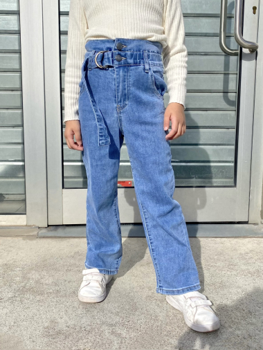 Mayorista Mini Mignon Paris - Jeans rectos, de cintura alta y elásticos, con cinturón, para niña