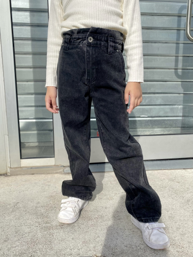 Grossiste Mini Mignon Paris - Jean noir large à taille haute et élastiquée pour fille