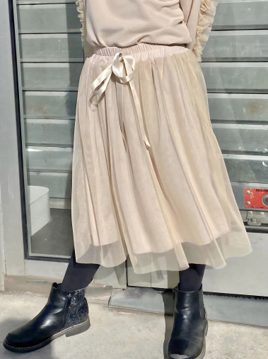 Grossiste Mini Mignon Paris - Jupe mi-longue en tulle à taille haute et élastiquée pour fille